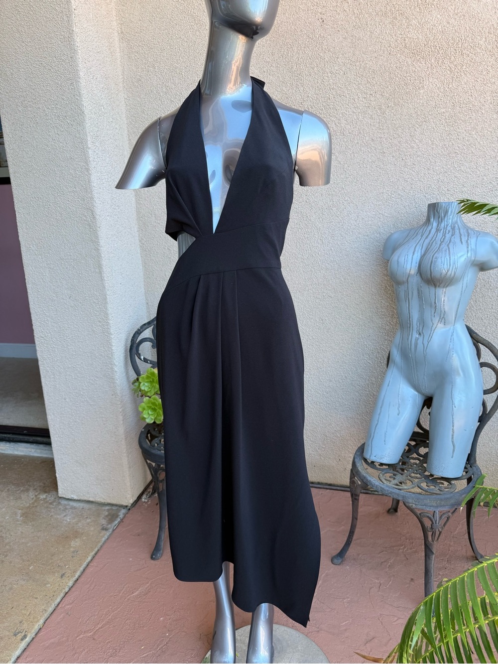 Halston Heritage Evening Collection Black Halter Midi Dress Draped Skirt NWT
